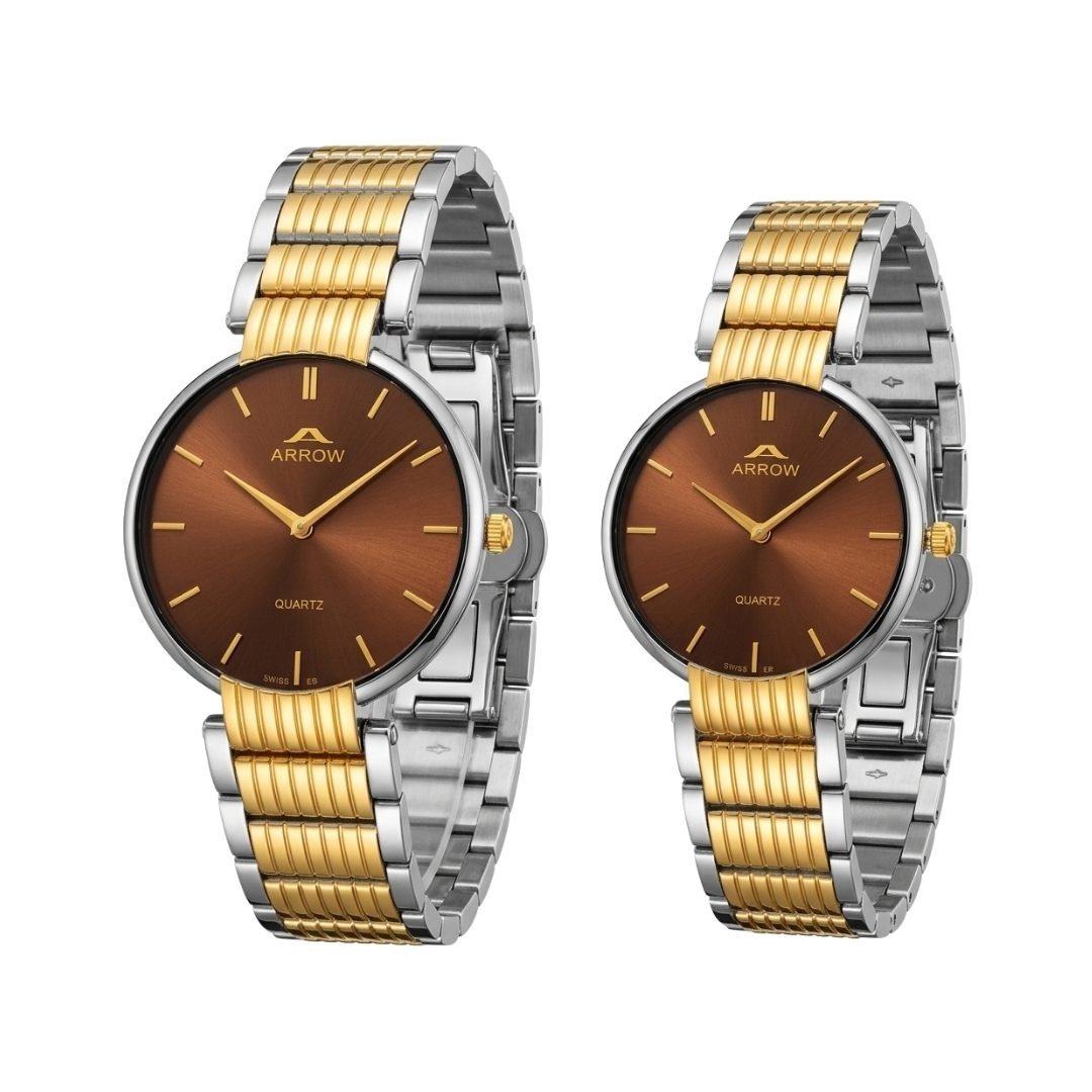 arrow-premium-classic-couple-watch-set-luxury-stainless-steel-watches-for-men-women-quartz-movement-special-dome-glass-30m-water-resistant-big-0